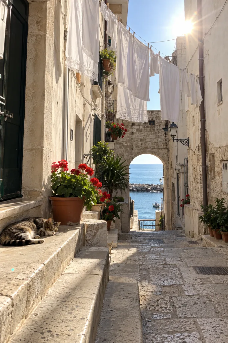 Candidate 3: a narrow limestone alley with drying sheets, geraniums, a sleeping cat and a sea view through an arch