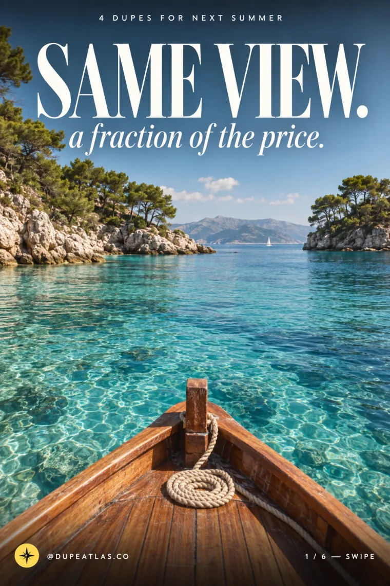 Slide 1: seen from a wooden boat's bow over turquoise water, titled 'Same view. A fraction of the price.'