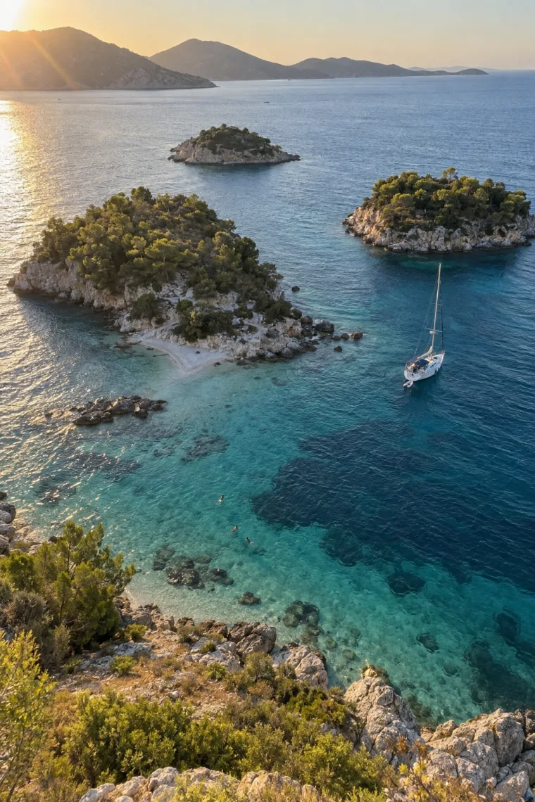 Candidate 4: a drone view of small pine-covered islets in a turquoise bay with one sailboat