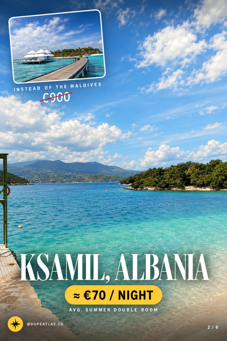 The finished post: the same Ksamil photo graded warm, titled 'Ksamil, Albania' with a yellow '≈ €70 / night' tag and a small inset of the Maldives crossed out at €900