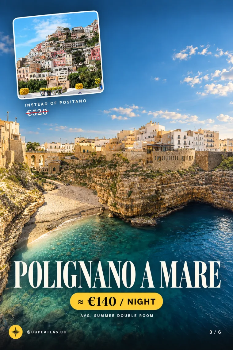 Slide 3: Polignano a Mare at about €140 a night, instead of Positano at €520