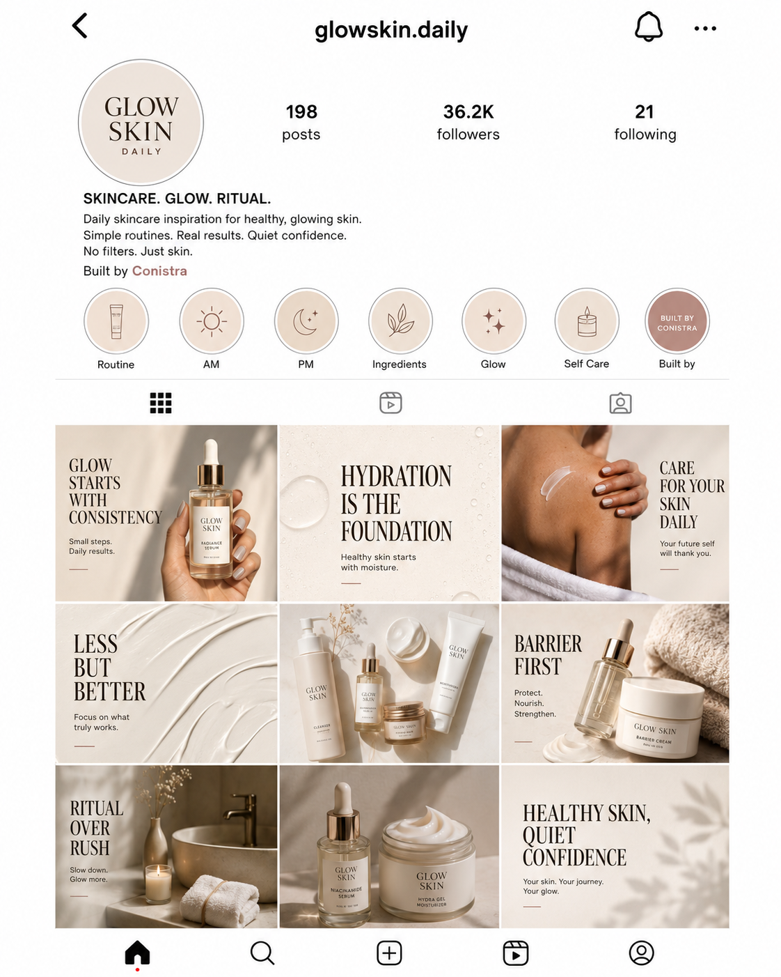 @glowskin.daily — Conistra-built beauty & skincare Instagram with 36.2K followers