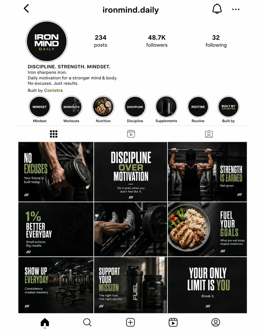 @ironmind.daily — Conistra-built faceless fitness Instagram with 48.7K followers